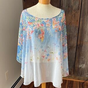 One World shear floral crystal pull over sleeveless poncho Sz L